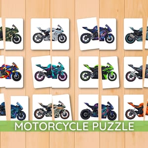 Puzzle dla dzieci: Motocykl, wycinanie i dopasowywanie, puzzle dla początkujących, rozpoznawanie wizualne, plik PDF do druku