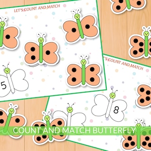 Puede incluir: Juego educativo con ilustraciones de mariposas coloridas. El juego incluye tarjetas con mariposas y números, con el texto "LET'S COUNT AND MATCH" y "COUNT AND MATCH BUTTERFLY". Las mariposas son naranjas, verdes y negras.