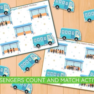 Peut inclure: Jeu éducatif sur le thème "Passengers Count and Match Minibus". Comprend des découpes de minibus bleu clair avec des chiffres et des scènes d'arrêt de bus assorties avec des passagers. Le texte "PASSENGERS COUNT AND MATCH ACTIVITY" est visible.