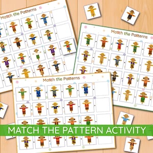 Puede incluir: Hojas de actividades educativas con el texto "Match the Patterns" y "Match the Pattern Activity". Las hojas presentan una cuadrícula de ilustraciones de espantapájaros con varios atuendos. También se incluyen fichas a juego con imágenes de espantapájaros.