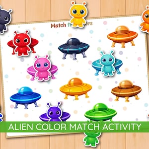Könnte beinhalten: Ein farbenfrohes Lernspiel mit Cartoon-Aliens und Raumschiffen. Das Bild enthält den Text "Alien Color Match Activity". Die Aliens sind in verschiedenen Farben gehalten, und die Raumschiffe haben passende Farben. Das Spiel ist vor einem weißen Hintergrund mit bunten Punkten.