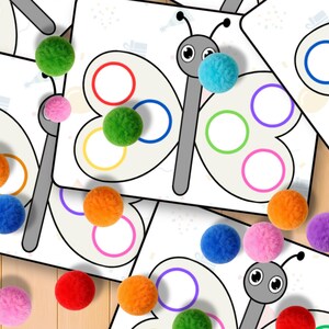 May include: Butterfly-shaped educational cards with colorful circles and matching pom-poms. The cards feature a gray butterfly outline with circles in red, orange, yellow, green, blue, and purple. Various colored pom-poms are scattered around the cards.