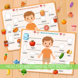 Gra w dopasowywanie zdrowej i niezdrowej żywności, karty edukacyjne z puzzlami przedstawiającymi cienie żywności, arkusz ćwiczeń dla przedszkolaków