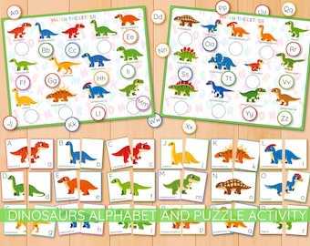 Dinosaurier-Alphabet- und Buchstabenerkennungs-Puzzle-Aktivität, Groß- und Kleinbuchstaben zuordnen, Paare finden, ABC-Karten