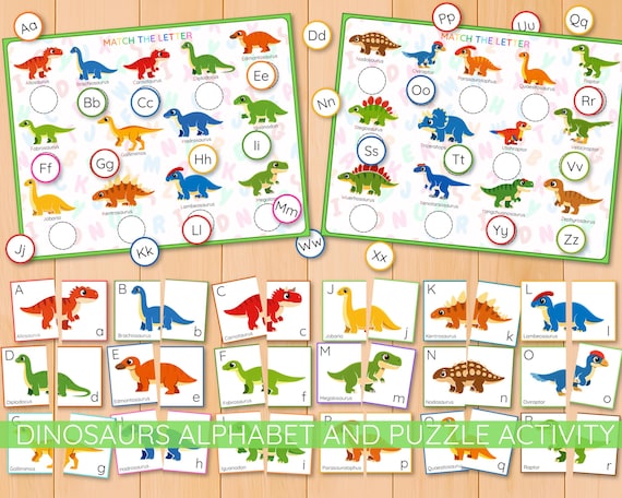 Dinosaur Alphabet and Letter Recognition Puzzle activity, Uppercase Lowercase Matching, pairs match, ABC cards