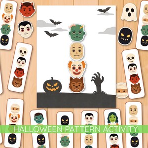 May include: A Halloween pattern activity featuring monster faces and characters. The design includes a pumpkin, bats, and a zombie hand. The words "HALLOWEEN PATTERN ACTIVITY" are at the bottom. The activity features a variety of spooky characters.