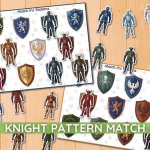 Könnte beinhalten: Ein pädagogisches Match the Patterns Set mit zwei weißen Blättern, die bunte Illustrationen von Rittern in verschiedenen Rüstungsfarben und heraldischen Schilden zeigen. Der Text Match the Patterns ist auf jedem Blatt gedruckt.