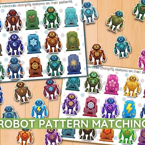 Puede incluir: Una hoja de actividades de emparejamiento de patrones de robots con varios robots coloridos y estaciones de carga correspondientes con diseños geométricos únicos. El texto Match robots to charging stations on their patterns y ROBOT PATTERN MATCHING son visibles.