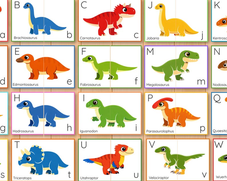 Dinosauriealfabetet och bokstavsigenkänning pusselaktivitet, versaler gemener matchning, parmatchning, ABC-kort bild 4