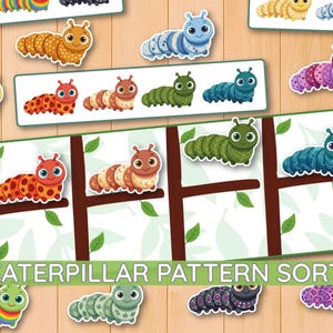 May include: A Caterpillar Pattern Sort educational activity set featuring various colorful cartoon caterpillars with distinct patterns, including polka dots, stripes, and leaf designs, displayed on rectangular cards and tree branch illustrations.