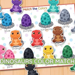 Könnte beinhalten: Ein Lernblatt mit dem Titel Match the Colors und DINOSAURS COLOR MATCH, das Zeichentrick-Dinosaurier und gepunktete Eier in Blau, Lila, Türkis, Grau, Orange, Rot, Braun, Pink, Schwarz, Gelb und Grün mit entsprechenden Farbbeschriftungen zeigt.