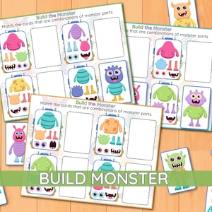 May include: A set of educational activity sheets and matching cards titled Build the Monster, featuring colourful cartoon monster parts and completed monster illustrations. The sheets include grids for matching various body parts like eyes, mouths, and limbs.