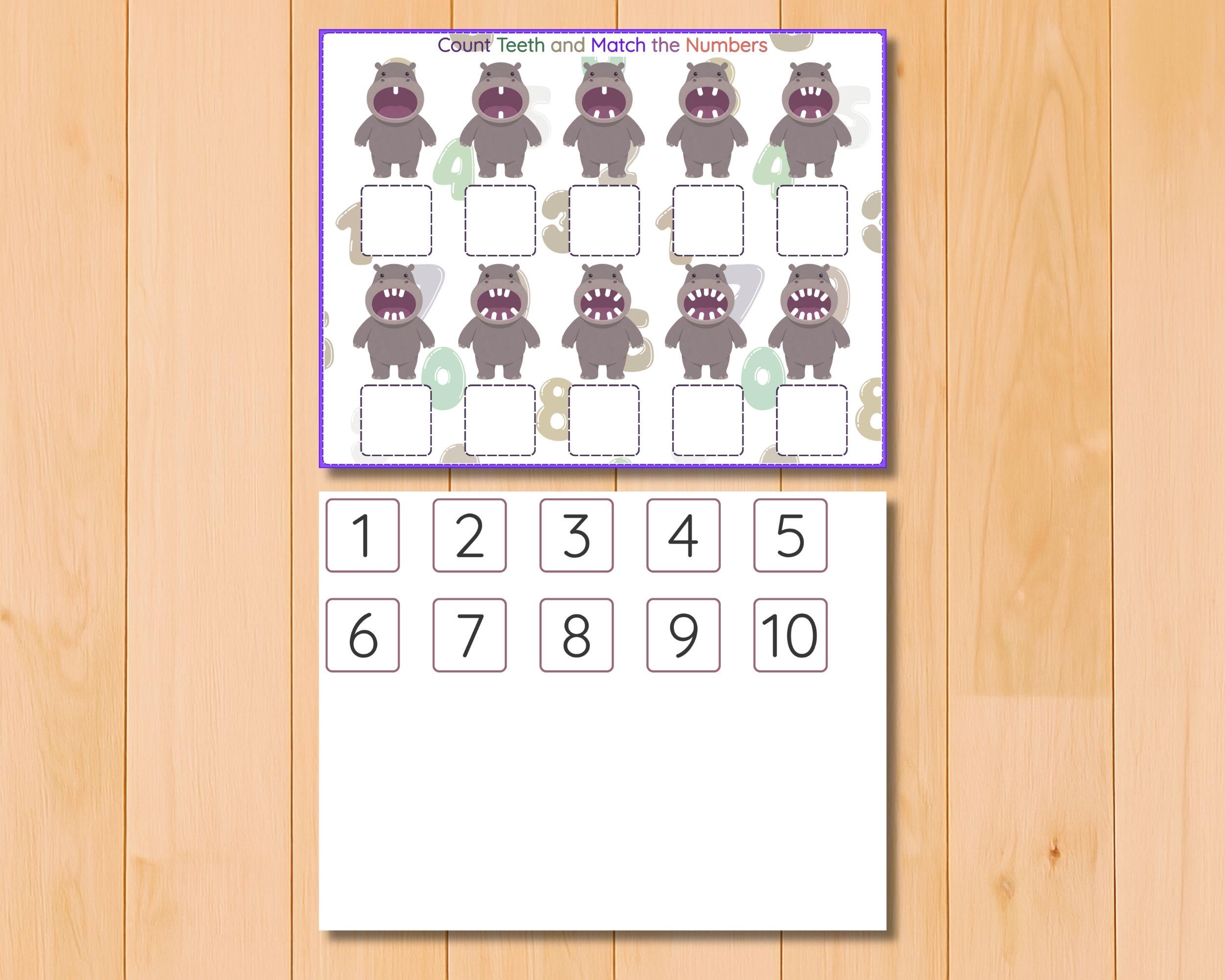 Counting Tooth Math Activity Hippo Teeth Count and Match Activity 1-10, Learning Game Kids, Counting ...