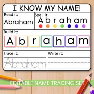 May include: A white educational chart with the name "Abraham" displayed in various formats. The chart includes sections for reading, spelling, building, tracing, and writing the name, with colorful letter blocks and tracing lines. The text "I KNOW MY NAME!" is at the top.