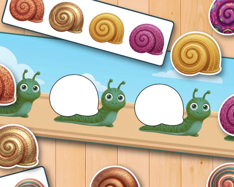 May include: A digital educational game featuring green cartoon snails with blank white speech bubbles on their backs. Various spiral snail shells in shades of gold, brown, and purple are arranged around the snails for matching purposes.