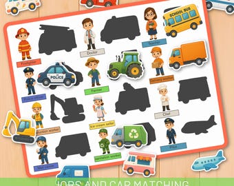 Professions and Vehicles Matching Game, Preschool Learning Activity, fine motor skills, sorting, matching
