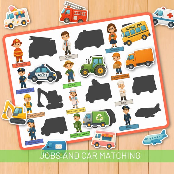 Professions and Vehicles Matching Game, Preschool Learning Activity, fine motor skills, sorting, matching