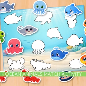 May include: A vibrant ocean-themed matching game featuring cartoon sea creatures. The image includes a shark, jellyfish, dolphin, seahorse, turtle, octopus, crab, lobster, whale, fish, and stingray. The text "OCEAN ANIMALS MATCH ACTIVITY" is at the bottom.