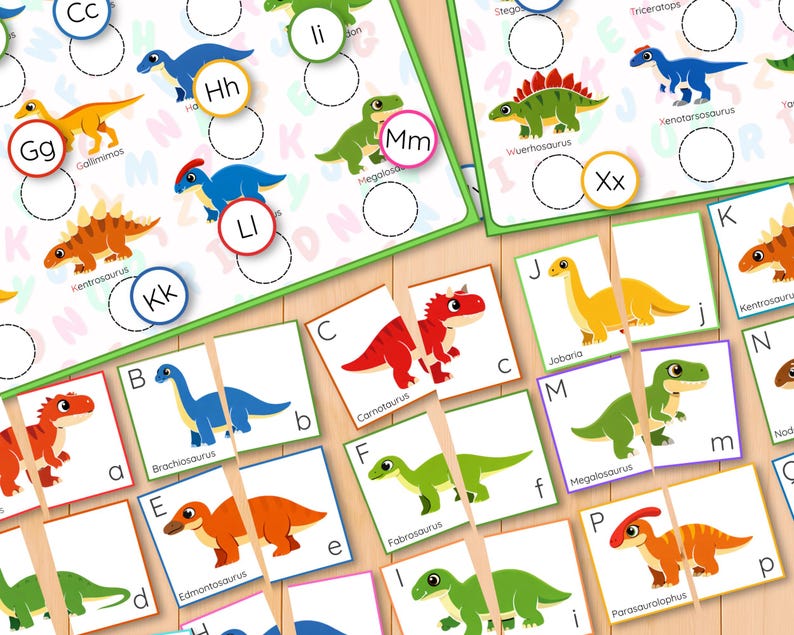 Dinosauriealfabetet och bokstavsigenkänning pusselaktivitet, versaler gemener matchning, parmatchning, ABC-kort bild 16