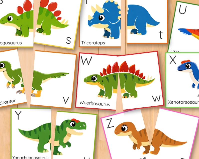 Dinosauriealfabetet och bokstavsigenkänning pusselaktivitet, versaler gemener matchning, parmatchning, ABC-kort bild 15
