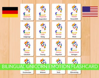 Tarjetas didácticas bilingües de emociones de unicornio, educación en alemán e inglés, tarjetas de identificación de sentimientos, aprendizaje socioemocional