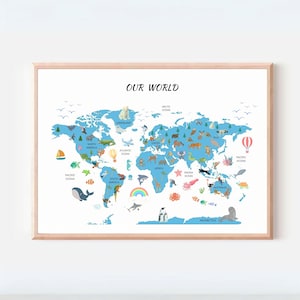 Weltkarte der Tiere, Kindergarten Karte, Safari Tiere, Lernposter Kindergarten Wanddeko, Montessori Materialien, Kinderposter