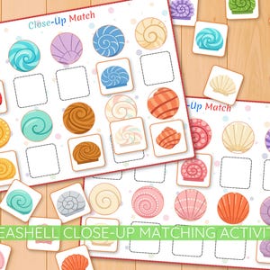 May include: A seashell matching activity game with colorful illustrations of various seashells. The game includes matching cards and a game board with squares for placing the matching cards. The text "Close-Up Match" and "Seashell Close-Up Matching Activity" are visible.
