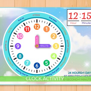 May include: A colorful clock activity chart with a blue and white background. The clock face has numbers 1-12 in various colors, with hour and minute hands. The time is 12:15. Text at the bottom reads "CLOCK ACTIVITY".