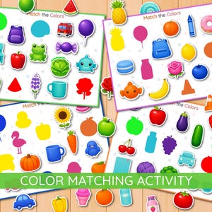 May include: Four colorful educational activity sheets with the text "Match the Colors" and various illustrations of objects like fruits, vegetables, and toys. The bottom of the image has the text "COLOR MATCHING ACTIVITY".