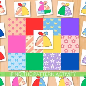 Könnte beinhalten: Ein Musterzuordnungsspiel mit Illustrationen von Kleidern und gemusterten Quadraten. Die Kleider sind in Hälften mit verschiedenen Designs aufgeteilt. Der Text "FIND THE PATTERN ACTIVITY" befindet sich unten. Der Hintergrund ist eine helle Holzmaserung.