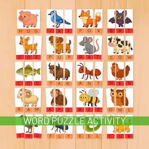 May include: A wooden educational puzzle with animal illustrations and word fragments. The puzzle features images of a pig, blue jay, fox, bat, doe, pup, rat, cow, cod, yak, ant, hen, ram, ape, bee, owl, emu, fly, eel, and cub. The text reads 'WORD PUZZLE ACTIVITY'.