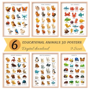 Puede incluir: Seis carteles educativos de animales con ilustraciones de animales voladores, de granja, marinos, desérticos, árticos e insectos. Los carteles están etiquetados con los nombres de los animales. El texto "Educational Animals 3D Posters" y "Digital download" también son visibles.