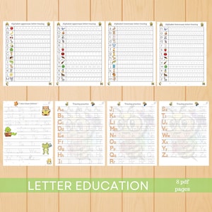 May include: A collection of printable letter tracing worksheets for early education. The worksheets feature uppercase and lowercase letters with tracing guides and illustrations. The bottom of the image reads "LETTER EDUCATION" and "8 pdf pages".