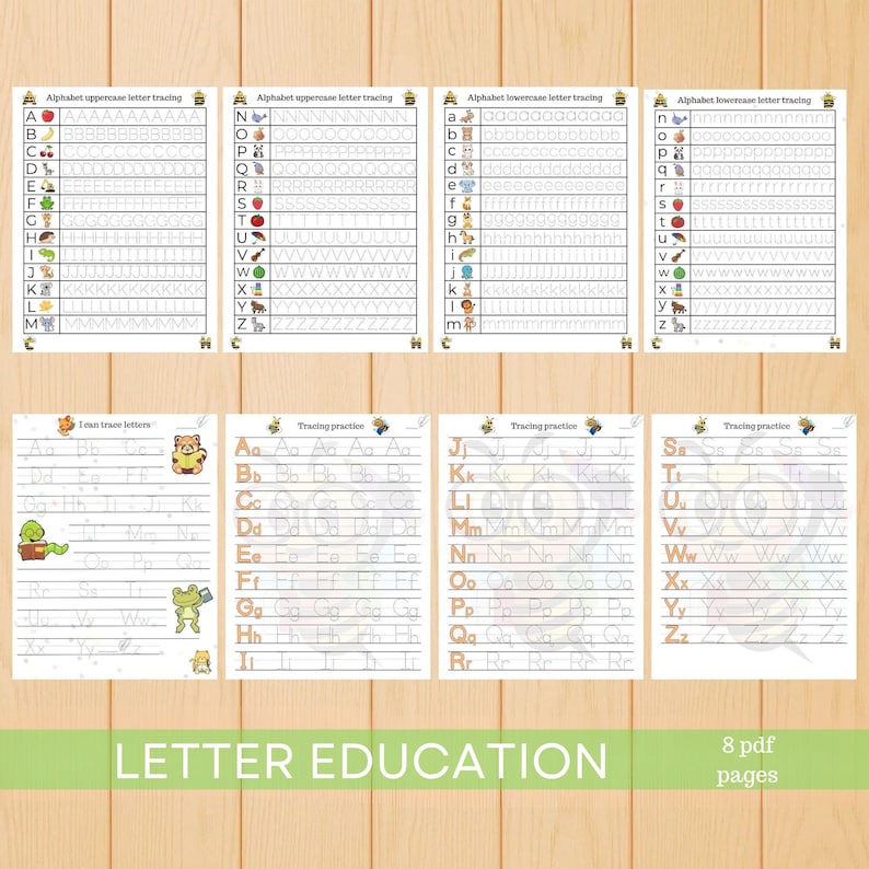 K&ouml;nnte beinhalten: Eine Sammlung von ausdruckbaren Arbeitsbl&auml;ttern zum Nachzeichnen von Buchstaben f&uuml;r die fr&uuml;he Bildung. Die Arbeitsbl&auml;tter zeigen Gro&szlig;- und Kleinbuchstaben mit Nachzeichnungsf&uuml;hrungen und Illustrationen. Der untere Teil des Bildes lautet "LETTER EDUCATION" und "8 pdf pages".
