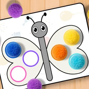 May include: A white butterfly-shaped activity board with colorful, fluffy balls and matching circles. The board features a gray body and antennae, with blue, orange, yellow, and turquoise balls. Additional pink and purple balls are scattered around the board.