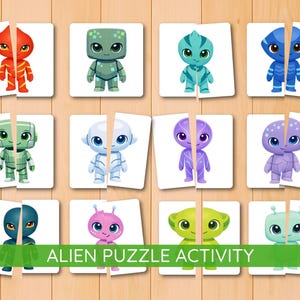 May include: A set of twelve puzzle cards featuring colorful cartoon aliens. Each card is split in half, with the complete image of an alien on each card. The text "ALIEN PUZZLE ACTIVITY" is displayed on a green banner.