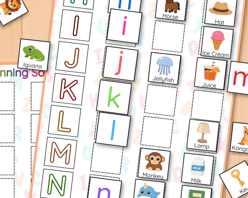 May include: A set of educational alphabet flashcards with colourful illustrations. The cards display letters of the alphabet, alongside images such as an iguana, jellyfish, and monkey. Designed for early learning.