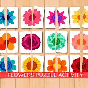 May include: A set of twelve flower puzzles, each divided into two pieces. The flowers are in various colors, including blue, pink, yellow, orange, and red. The text "FLOWERS PUZZLE ACTIVITY" is displayed on a red banner.