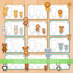 Könnte beinhalten: Pädagogische Größen-Sortieraktivität mit Tierfiguren wie Löwen, Affen und Bären. Jede Karte hat Umrisse mit den Bezeichnungen "Groß", "Mittel" und "Klein". Der Text "SIZE SORTING ACTIVITY" ist unten zu sehen.