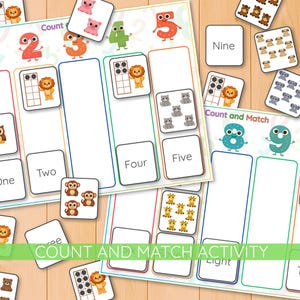 Puede incluir: Juego educativo de conteo con ilustraciones coloridas de animales y números. El juego incluye tarjetas con números, grupos de animales y actividades de emparejamiento. El texto "Count and Match Activity" es visible.