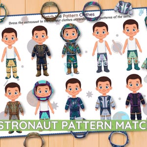Może przedstawiać: Edukacyjna karta pracy zatytułowana Match the Pattern Clothes przedstawiająca postacie z kreskówek i różne skafandry kosmonautów. Strona zawiera wiele postaci, niektóre noszą białe podkoszulki, a inne są ubrane w kolorowe skafandry kosmiczne z hełmami.