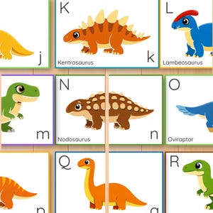 Dinosauriealfabetet och bokstavsigenkänning pusselaktivitet, versaler gemener matchning, parmatchning, ABC-kort bild 11