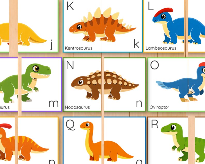 Dinosauriealfabetet och bokstavsigenkänning pusselaktivitet, versaler gemener matchning, parmatchning, ABC-kort bild 11