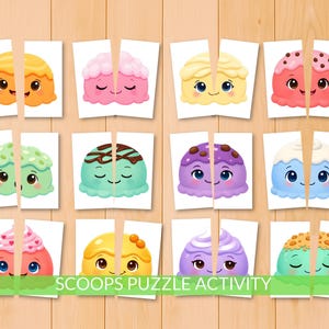 May include: Twelve ice cream scoop puzzles on white cards, each split in half. The ice cream scoops are various colours, including orange, pink, green, and purple, with cartoon faces. The text "SCOOPS PUZZLE ACTIVITY" is at the bottom.
