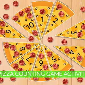 Puede incluir: Un juego de conteo con temática de pizza con diez rebanadas, cada una numerada del 1 al 10. Las rebanadas de pizza son amarillas con pepperoni y números negros. Círculos de pepperoni adicionales están dispersos. El texto "PIZZA COUNTING GAME ACTIVITY" está en la parte inferior.
