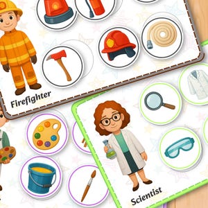 May include: Educational flashcards featuring illustrations of various professions. The cards show a firefighter in orange gear, a painter with a palette, and a scientist with a lab coat. Each card has a profession's name below the illustration.