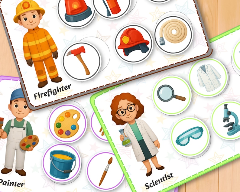 May include: Educational flashcards featuring illustrations of various professions. The cards show a firefighter in orange gear, a painter with a palette, and a scientist with a lab coat. Each card has a profession's name below the illustration.