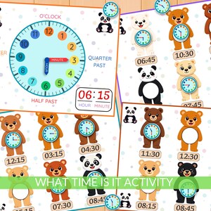Pode incluir: Atividade educativa com um grande relógio e relógios menores mostrando várias horas. A imagem inclui ursos e pandas de desenho animado com relógios e o texto "WHAT TIME IS IT ACTIVITY".