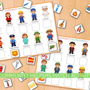 Peut inclure: Un jeu éducatif pour enfants avec des illustrations de métiers. Le jeu comprend des cartes à associer avec des professions telles que médecin, enseignant et pompier. Le texte "COMMUNITY HELPERS MATCH ACTIVITY" est affiché en bas.