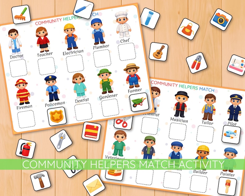 Community Helpers Matching Activity, Jobs and Tools Match for Preschool ...